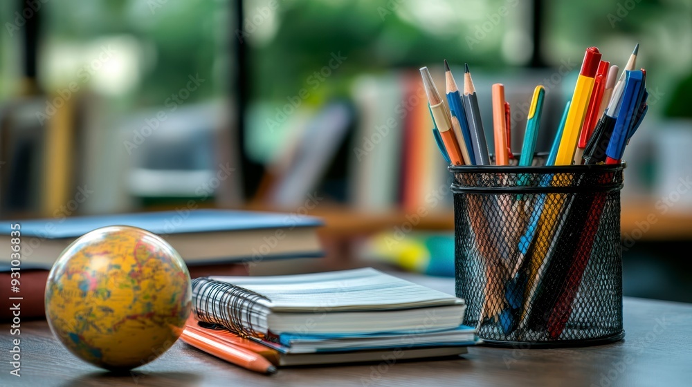 A close-up of educational items that create a warm atmosphere for studying or working at school. A close-up of educational items that create a warm atmosphere for studying or working at school.
