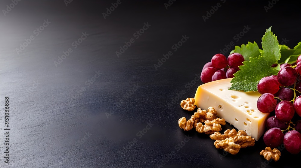 Elegant cheese spread with grapes and nuts, placed on a black backdrop, sharp studio lighting, expansive copy space for commercial use. Elegant cheese spread with grapes and nuts, placed on a black backdrop, sharp studio lighting, expansive copy space for commercial use.