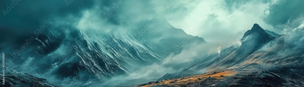 Fototapeta premium Dramatic mountain landscape with swirling clouds, creating a stunning natural scene filled with mystery and awe.