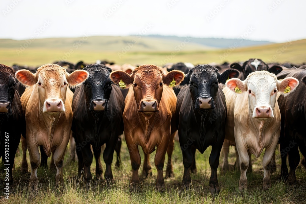 A group of cows standing together in a lush green field, showcasing a variety of colors and breeds, under a clear sky. A group of cows standing together in a lush green field, showcasing a variety of colors and breeds, under a clear sky.