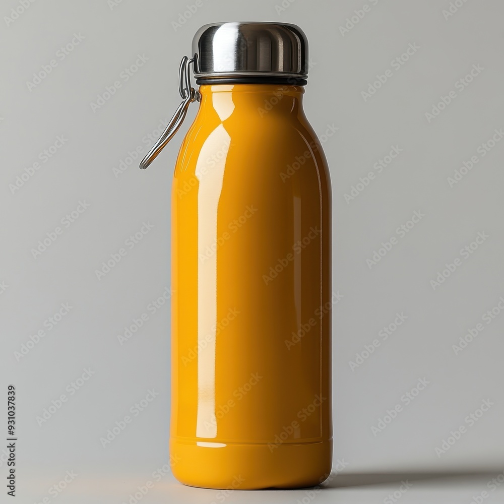 Glossy Yellow Stainless Steel Water Bottle with Silver Cap and Clip on Beige Background
Glossy Yellow Stainless Steel Water Bottle with Silver Cap and Clip on Beige Background