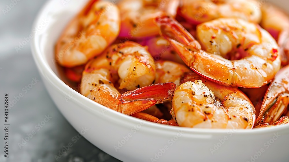 In a white bowl, fresh cooked shrimp, Generative AI. In a white bowl, fresh cooked shrimp, Generative AI.