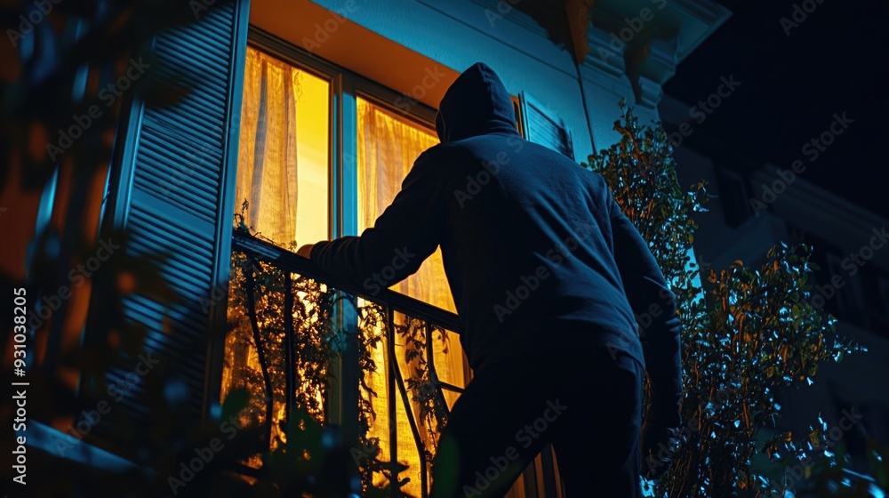 Thief in disguise - masked burglar committing theft, breaking into flat, stealing personal property, criminality, offence of violating someone's home, belongings, emphasizing security concerns. Thief in disguise - masked burglar committing theft, breaking into flat, stealing personal property, criminality, offence of violating someone's home, belongings, emphasizing security concerns.