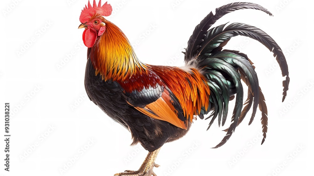 lone cock standing against a white backdrop, Generative AI. lone cock standing against a white backdrop, Generative AI.