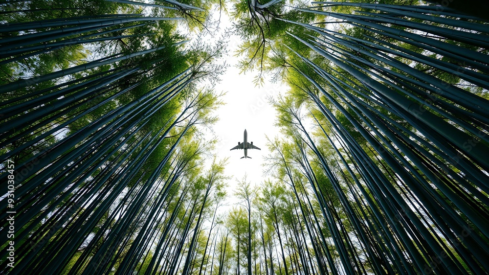 Bamboo forest with airplane flying overhead Bamboo forest with airplane flying overhead