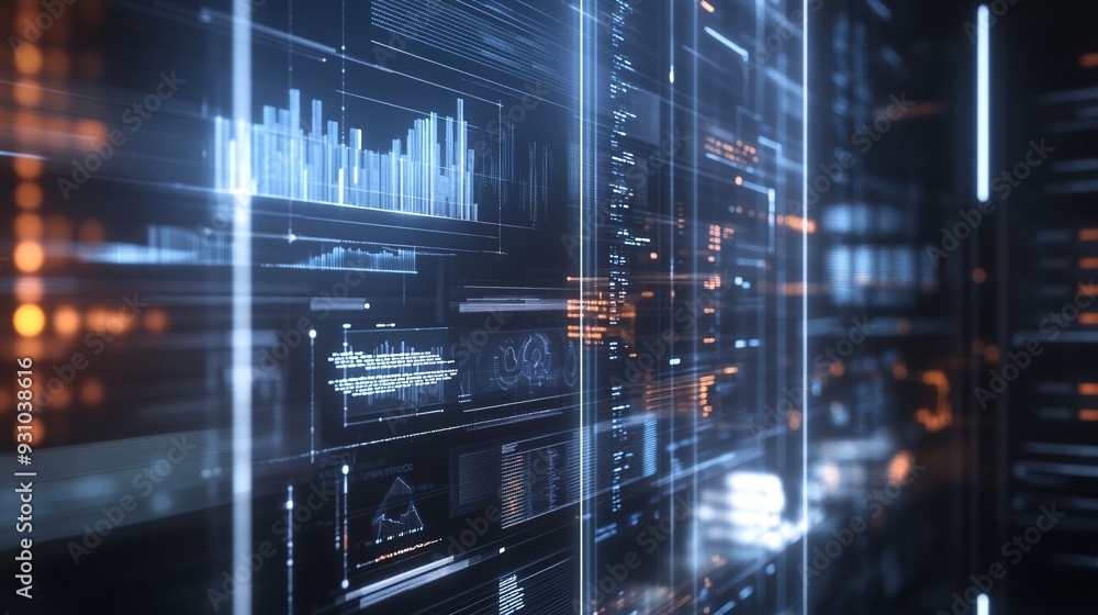 A holographic display of data analytics with graphs and numbers floating in a virtual space A holographic display of data analytics with graphs and numbers floating in a virtual space
