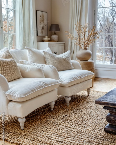 Living room large window right side has white Farmhose interior photo