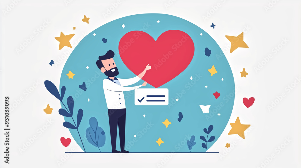 Man Holding Heart Symbol in Colorful Abstract Background with Stars and Leaves - Vector Illustration Man Holding Heart Symbol in Colorful Abstract Background with Stars and Leaves - Vector Illustration