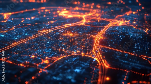 Aerial view of a digital city map with AI powered traffic management showing optimized routes with glowing paths illuminating the nighttime cityscape