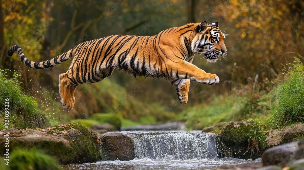 Obraz premium A Bengal tiger leaping across a small stream, its body in full motion. Copy space available