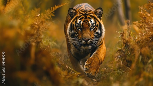 A Bengal tiger on the prowl, moving stealthily through the underbrush. Copy space available