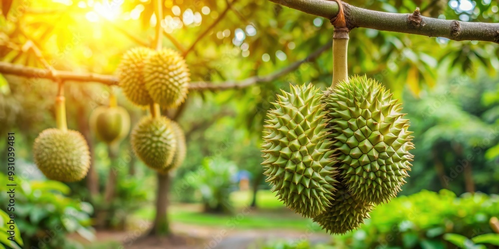 Garden view with a durian tree and spiky fruit prominently displayed, garden, durian tree, spiky fruit, tropical, exotic Garden view with a durian tree and spiky fruit prominently displayed, garden, durian tree, spiky fruit, tropical, exotic