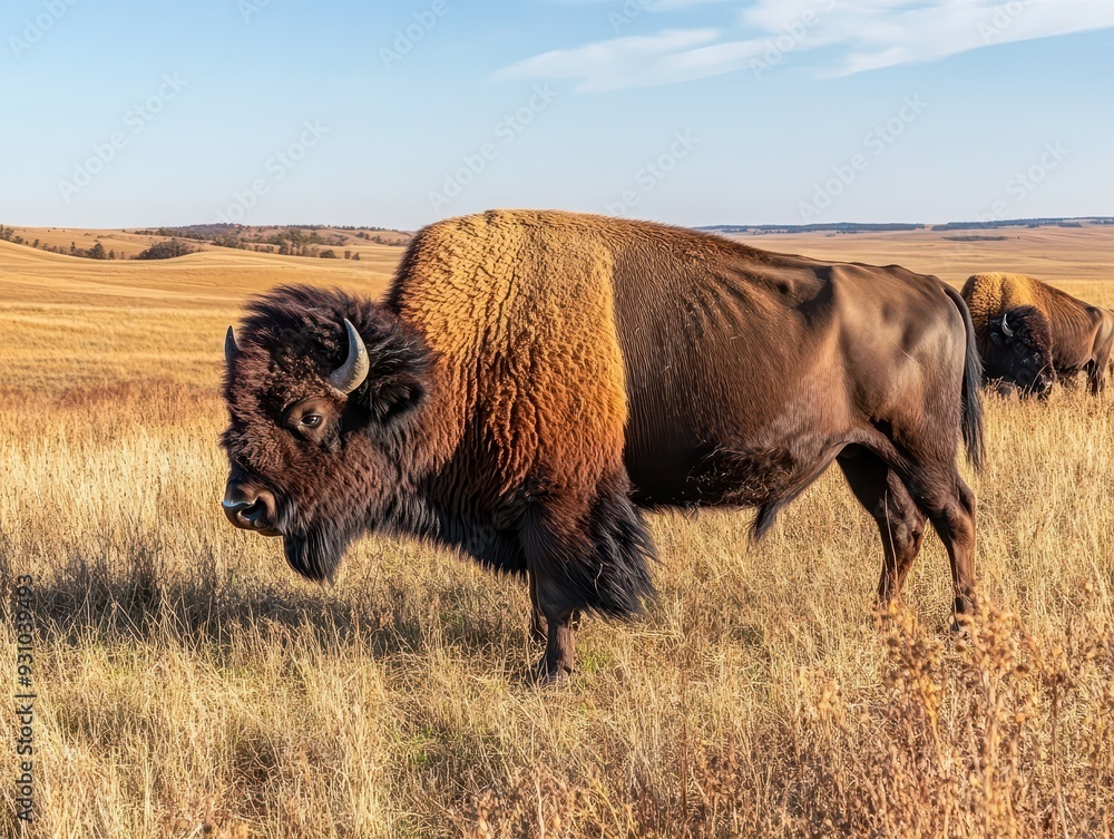 A majestic bison stands in a golden grassland under a clear blue sky, embodying the spirit of the American plains. A majestic bison stands in a golden grassland under a clear blue sky, embodying the spirit of the American plains.