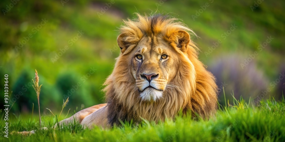 Obraz premium Close-up photo of a majestic lion resting in the grass in its natural habitat, lion, wildlife, safari, animal, nature