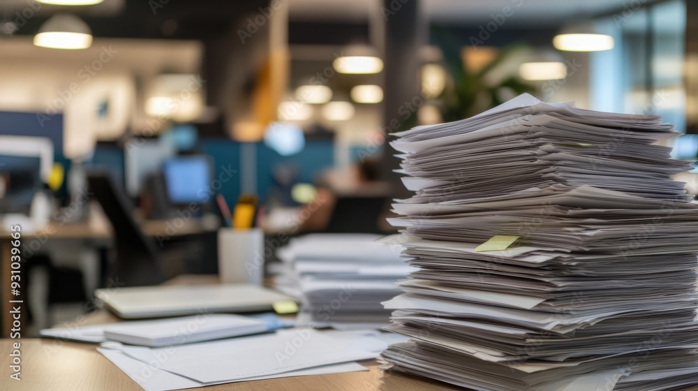 A large stack of papers on an office desk. A large stack of papers on an office desk.