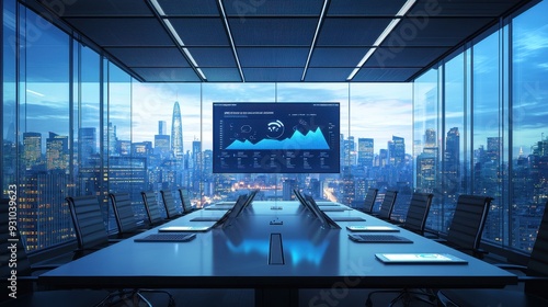 An AI-powered business presentation in a modern boardroom, with executives analyzing data visualizations projected onto a large screen, smart devices on the table providing additional context, and