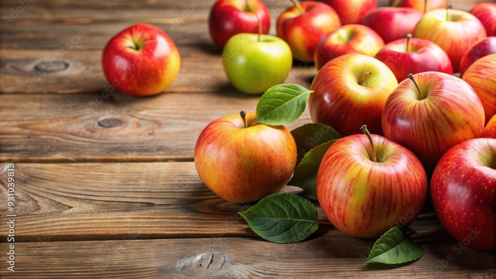Fresh, ripe apples on a wooden table, healthy, organic, fruit, red, green, delicious, natural, harvest, snack, farm Fresh, ripe apples on a wooden table, healthy, organic, fruit, red, green, delicious, natural, harvest, snack, farm