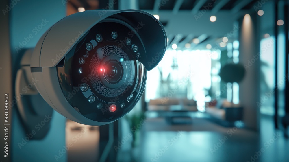 Fototapeta premium Close-up view of a modern home security camera monitoring vigilantly, showing details of advanced technology and vigilance around the area, Ai Generated Images 