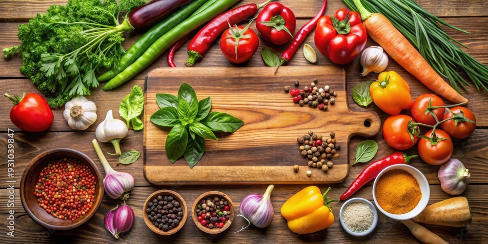 Fresh vegetables and spices on a wooden cutting board , organic, colorful, cooking, food, ingredients, healthy Fresh vegetables and spices on a wooden cutting board , organic, colorful, cooking, food, ingredients, healthy