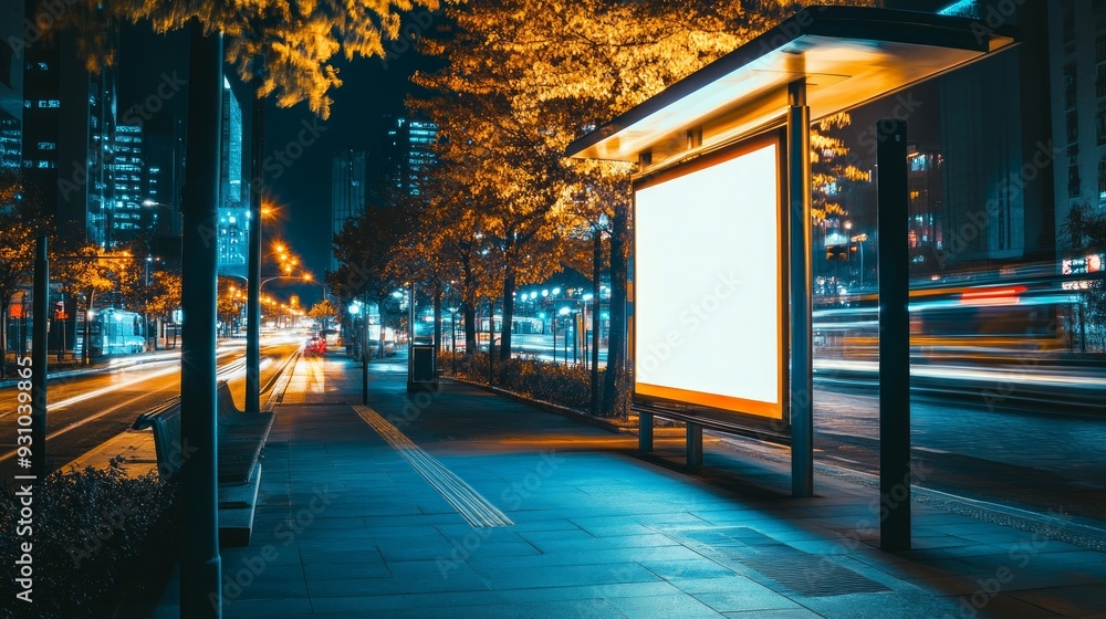 Fototapeta premium Nighttime Cityscape with a Blank Billboard