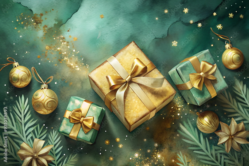 Christmas background template with copy space watercolor style green gold colors. Gift boxes and xmas decor top view on green background. Christmas background template with copy space watercolor style green gold colors. Gift boxes and xmas decor top view on green background.