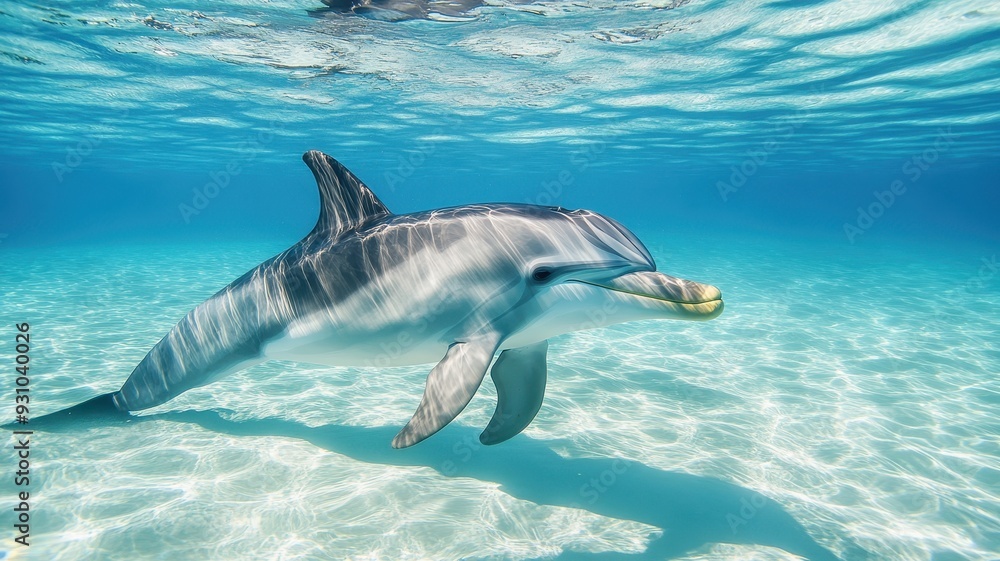 Obraz premium A playful dolphin swims gracefully in clear blue waters, showcasing its beauty and elegance beneath the sunlit surface.