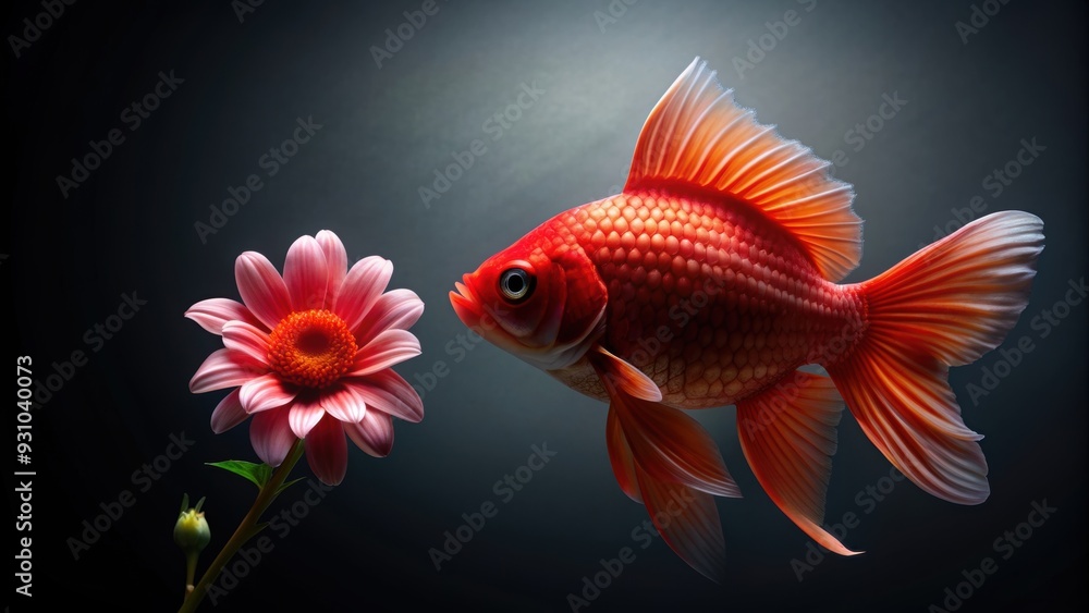 Beautiful rendering of a red fish with a flower on dark background, fish, red,rendering, flower, beautiful, aquatic