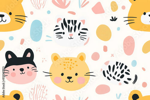 Cute seamless pattern with cartoon animal faces and abstract shapes on a white background. Perfect for kids' products and playful designs.
