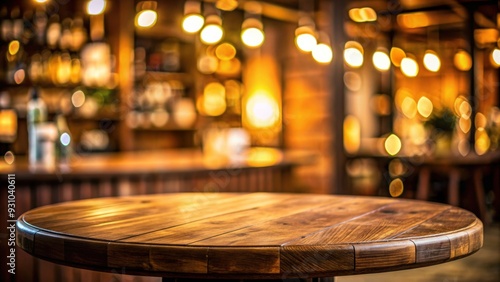 Empty wooden round table in a pub or bar with bokeh light background, wooden, round table, empty, pub, bar