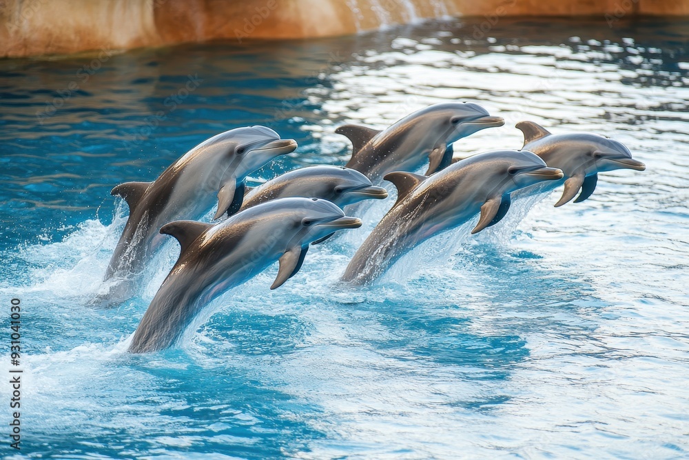 Obraz premium Group of dolphins jumping gracefully out of the water in a playful display, showcasing their intelligence and agility.