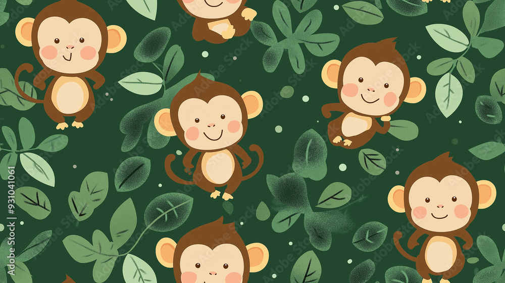 A seamless pattern with cute monkeys and green leaves on a dark green background. The fun and playful design is ideal for children's products or jungle-themed decorations. A seamless pattern with cute monkeys and green leaves on a dark green background. The fun and playful design is ideal for children's products or jungle-themed decorations.