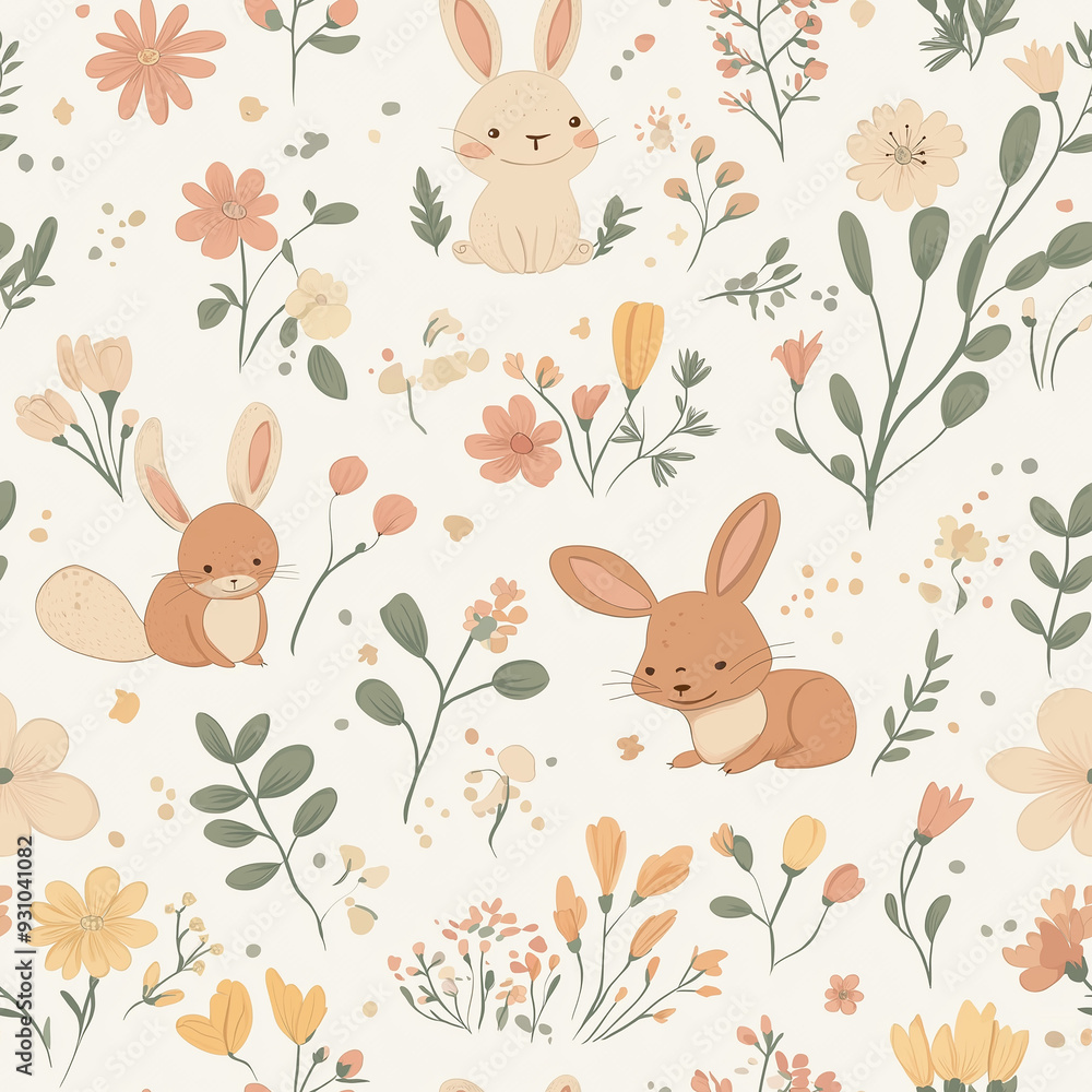 Seamless pattern with cute rabbits, flowers, and leaves in soft pastel colors on a light background, evoking a gentle and whimsical feel. Seamless pattern with cute rabbits, flowers, and leaves in soft pastel colors on a light background, evoking a gentle and whimsical feel.