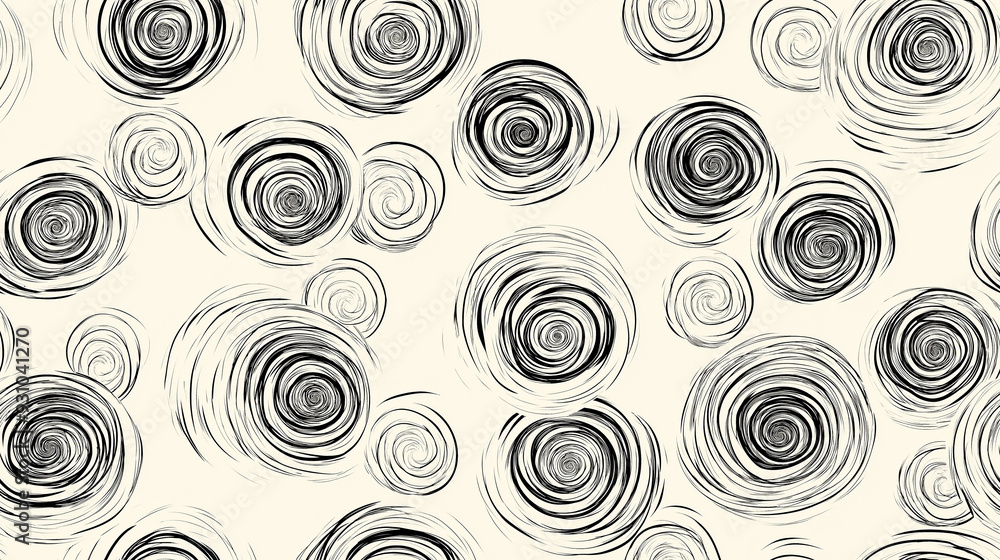 A seamless pattern of swirling black circles on a cream background, creating a dynamic and abstract design with a playful yet sophisticated feel. A seamless pattern of swirling black circles on a cream background, creating a dynamic and abstract design with a playful yet sophisticated feel.
