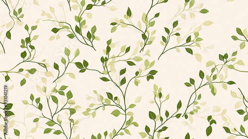 A light seamless pattern with delicate green leaves on intertwining branches against a soft cream background, offering a natural and minimalist aesthetic.