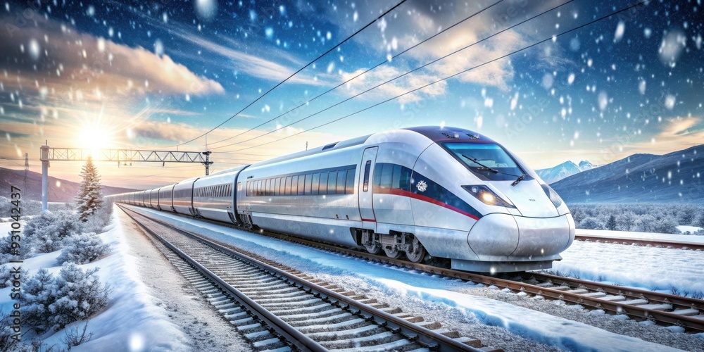 Fototapeta premium High-speed train in snowy landscape with snowflakes falling, train, high-speed, snow, winter, landscape, transportation, speed