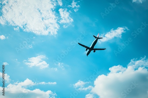 A streamlined aircraft soars effortlessly through a brilliant azure sky adorned with wispy white clouds.