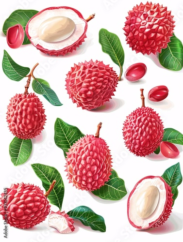 A collection of mature lychee fruits: one complete and six variably stripped lychee skin and foliage. Plain backdrop. photo