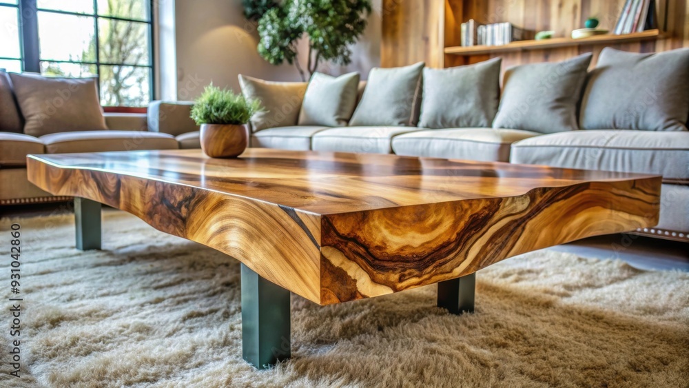 Close-Up View of Live Edge Wooden Coffee Table, Detailed Natural Wood Grain Texture in Home Interior, live edge Close-Up View of Live Edge Wooden Coffee Table, Detailed Natural Wood Grain Texture in Home Interior, live edge