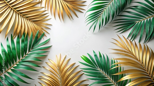 Decorative arrangement of green and gold palm leaves on a light background, palm leaves, green, gold, decorative