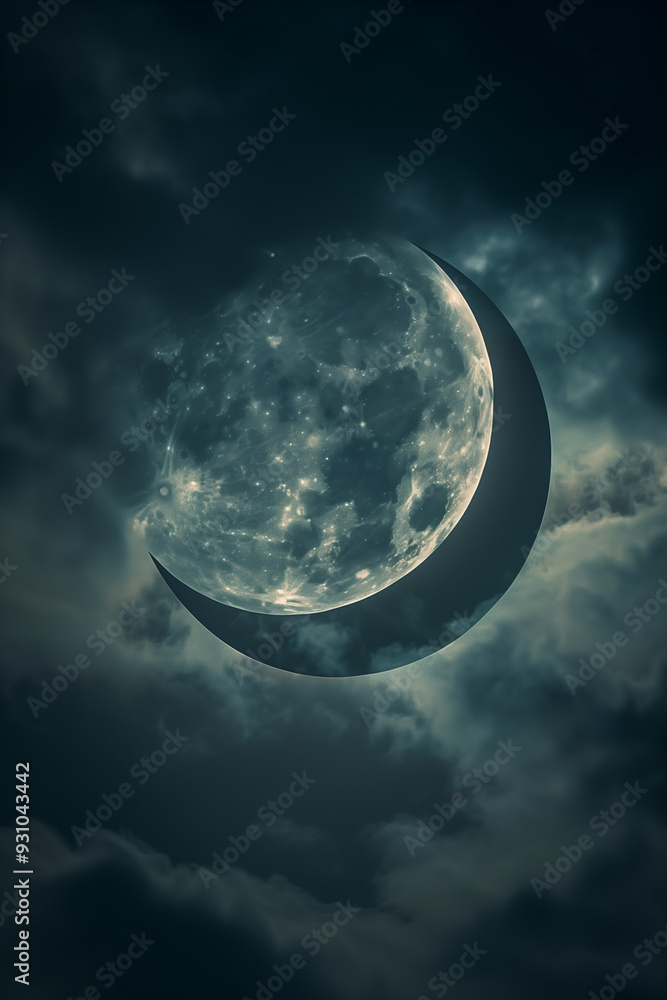 Naklejka premium A mystical crescent moon shines in a dark, cloudy sky with a glowing halo, creating an enchanting atmosphere. The soft light illuminates the clouds, evoking a sense of wonder and mystery.