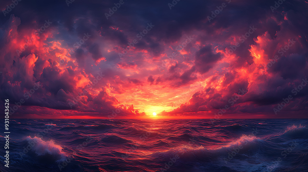 A panoramic view of the sea at sunset, where the sky is filled with dramatic, swirling clouds in shades of red, orange, and purple. A panoramic view of the sea at sunset, where the sky is filled with dramatic, swirling clouds in shades of red, orange, and purple.