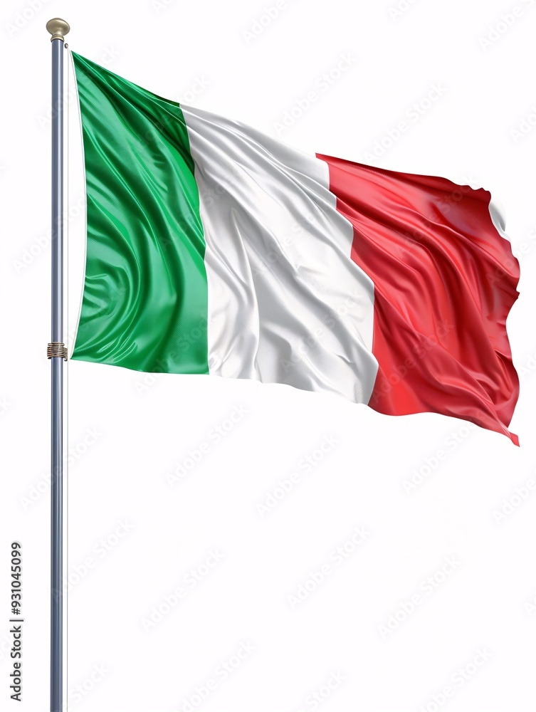 The Italian flag flutters on a white pole. The Italian flag flutters on a white pole.