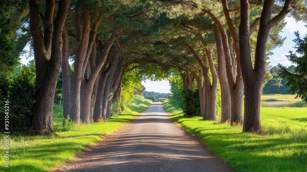 Fototapeta premium A serene tree-lined road inviting viewers to explore the beauty of nature, perfect for relaxation and reflection.