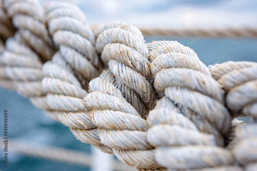 Frayed nautical ropes in a harbor, close-up texture of massive, worn white boat ropes. Frayed nautical ropes in a harbor, close-up texture of massive, worn white boat ropes.