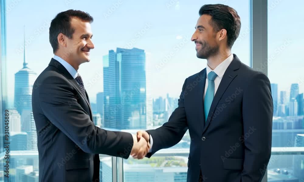 Sealing the Deal Above the City: Two businessmen solidify a partnership with a firm handshake, a stunning cityscape backdrop underscoring their success. Sealing the Deal Above the City: Two businessmen solidify a partnership with a firm handshake, a stunning cityscape backdrop underscoring their success.