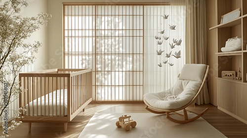 A serene Japanese-style nursery room bathed in soft natural light.