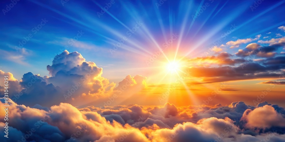 Blue sky filled with fluffy white clouds, with a vibrant orange sun peeking through , clouds, sky, blue, background, landscape Blue sky filled with fluffy white clouds, with a vibrant orange sun peeking through , clouds, sky, blue, background, landscape