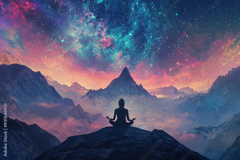 A serene figure meditating on a mountain under a cosmic sky filled with vibrant colors and stars, evoking peace and mindfulness. A serene figure meditating on a mountain under a cosmic sky filled with vibrant colors and stars, evoking peace and mindfulness.