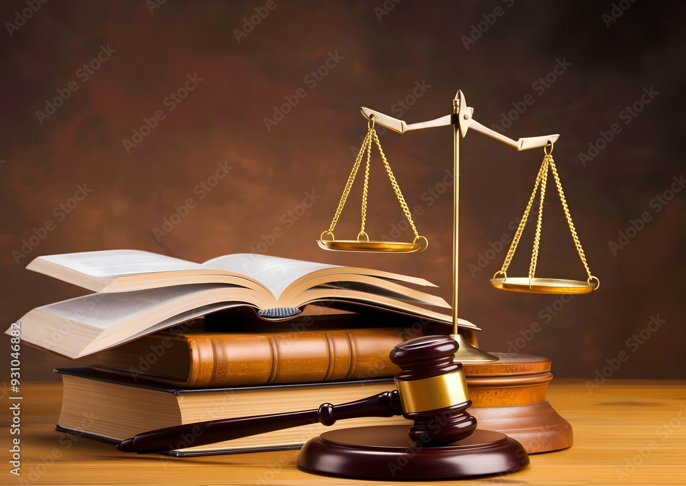 Legal law office image with scales of justice, gavel and books. Legal law office image with scales of justice, gavel and books.