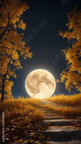 Golden autumn scenery under the moonlight.